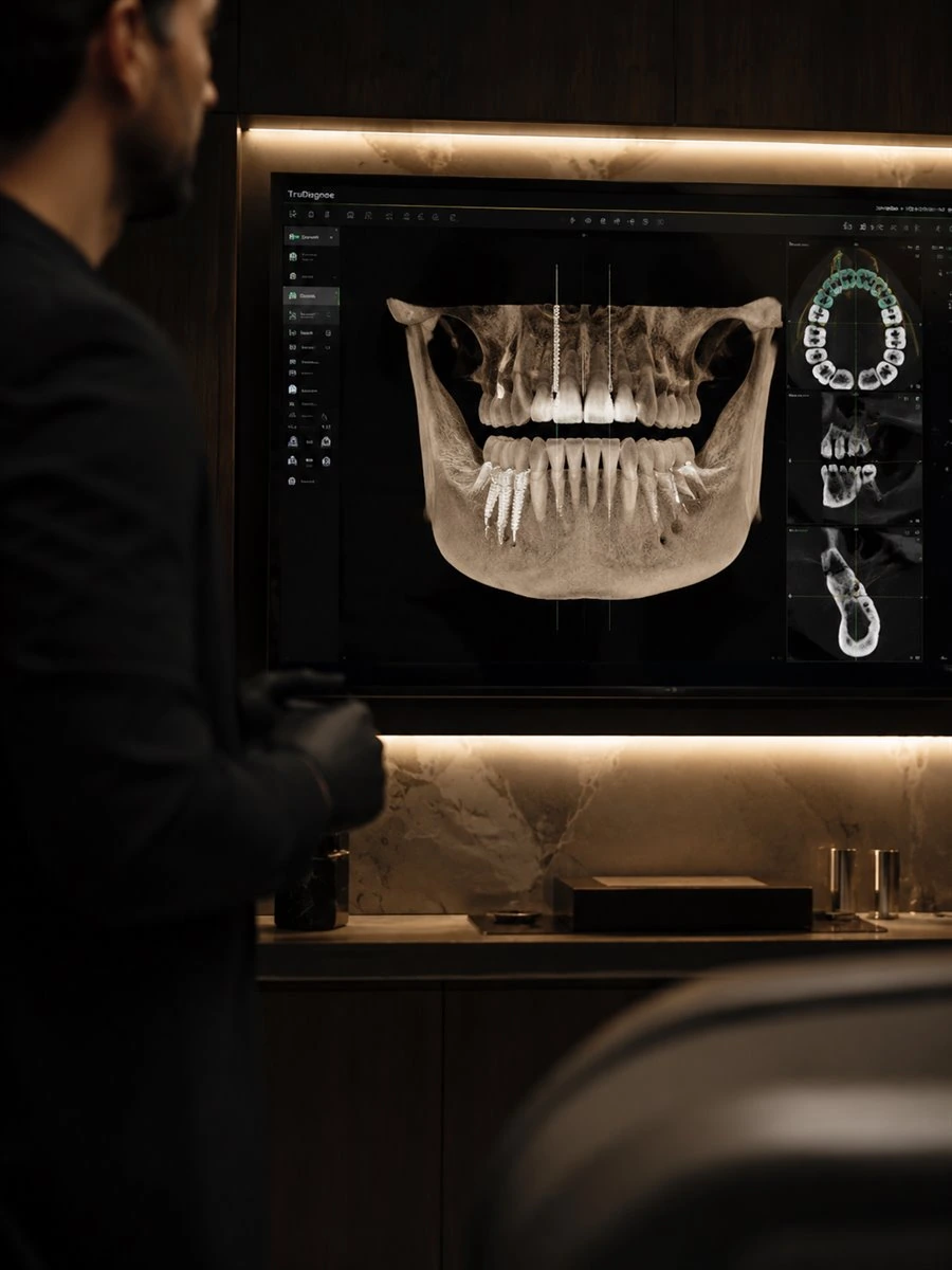 Planejamento digital de implantes exibido em tela clÃ­nica